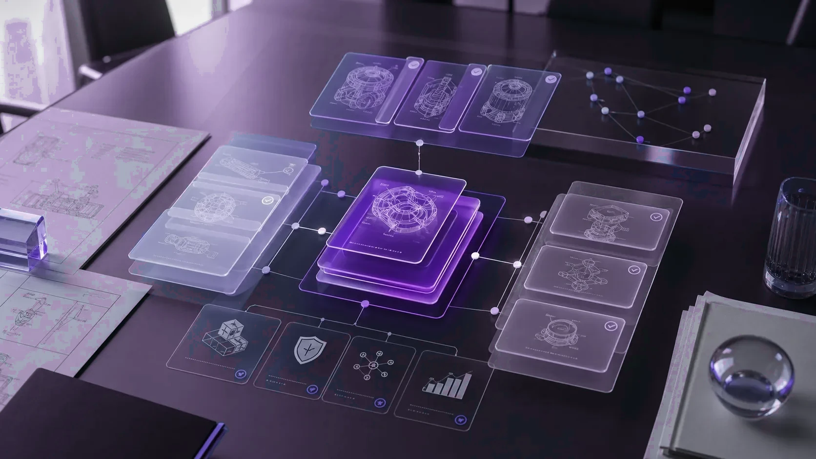 Layered portfolio cards and IP diagrams arranged into an investor-ready diligence system.