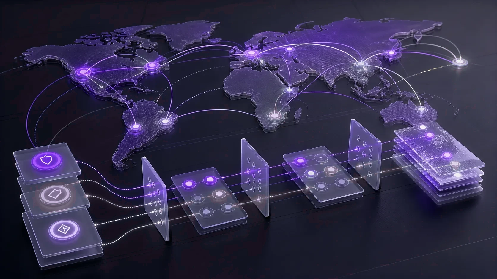 Abstract global filing map with jurisdiction nodes, route arcs, and staged decision gates.