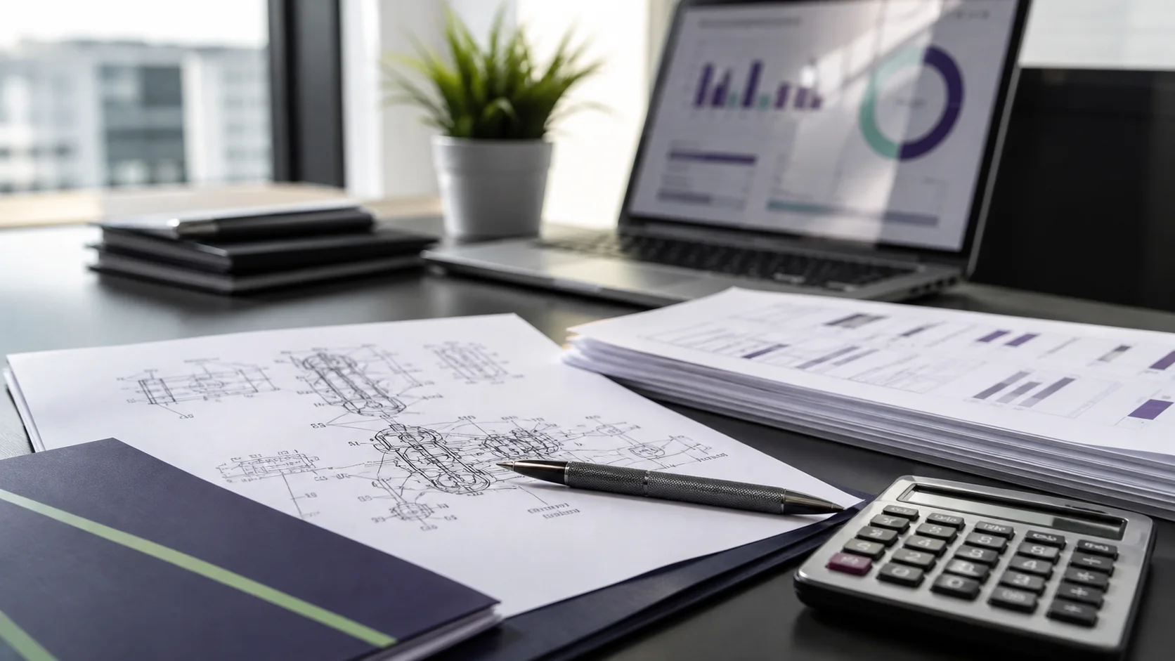 Professional desk scene with patent drawings, financial analysis papers, laptop and calculator for a Patent Box IP readiness review.