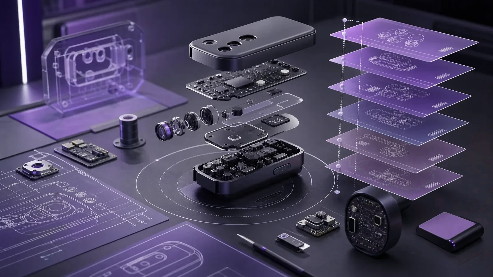 Exploded hardware prototype with protection layers and patent-style engineering overlays.