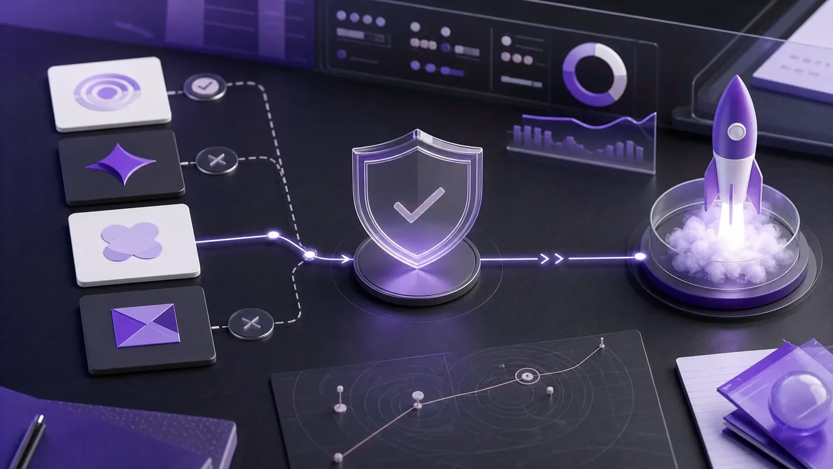 Brand launch route with abstract mark tiles, clearance checks, and a protective shield.
